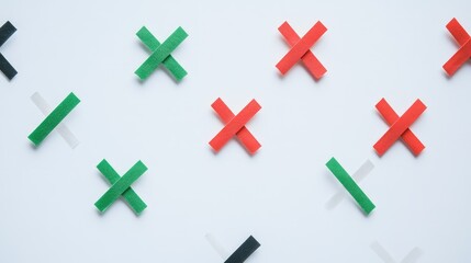 Obraz premium Colorful X Shapes on White Background Symbolizing Choices in Strategy, Decision-Making, or Game Theory with Contrasting Colors for Visual Interest