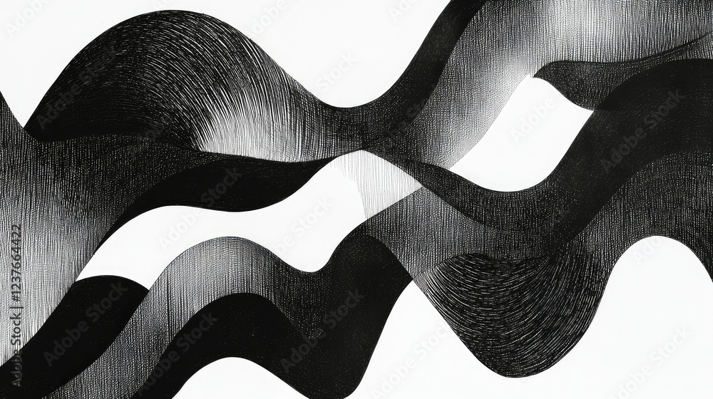 Poster abstract black and white wave patterns illustrating fluid motion and dynamic flow in an artistic rep