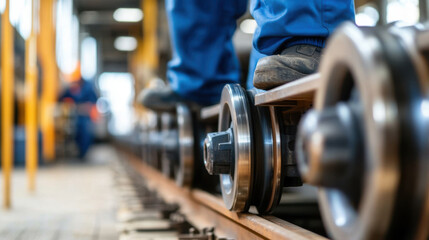 Obraz premium Close up of railway worker inspecting train wheels, showcasing attention to detail and safety in railway industry. environment is industrial and focused on maintenance