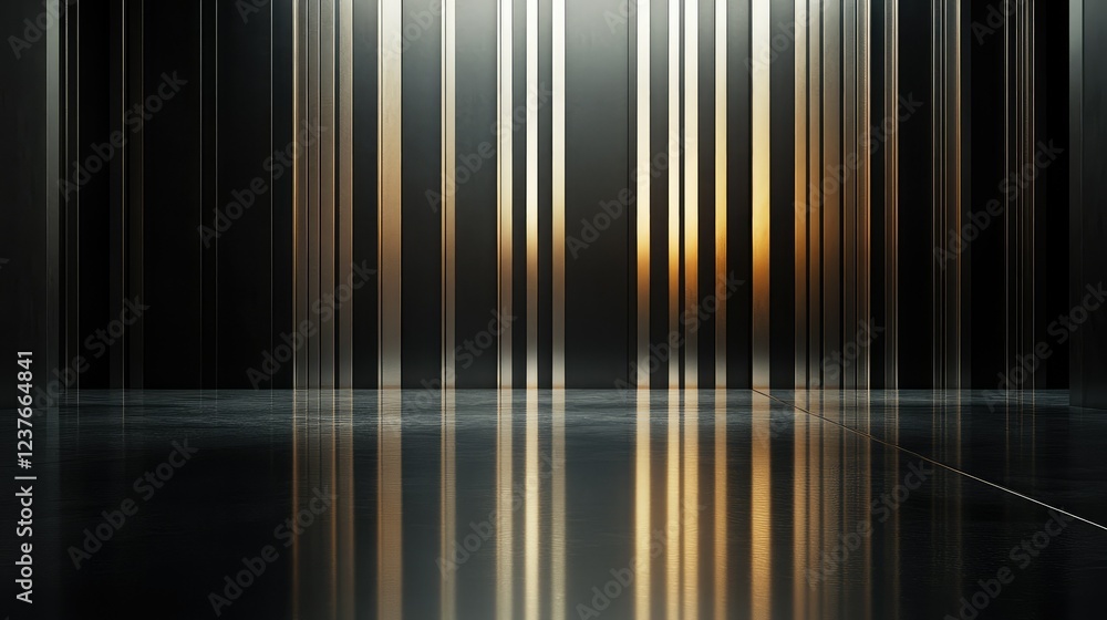 Poster minimalist metallic design with polished vertical bars and soft reflections on a dark base.