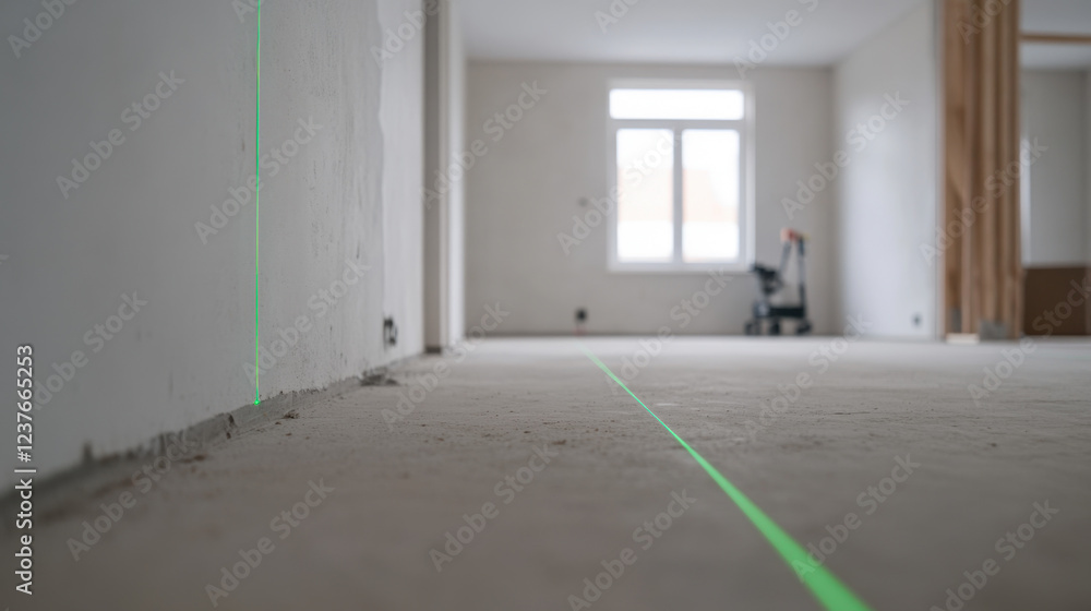 Poster compact laser level projects vibrant green lines on wall and floor, aiding in precise alignment duri