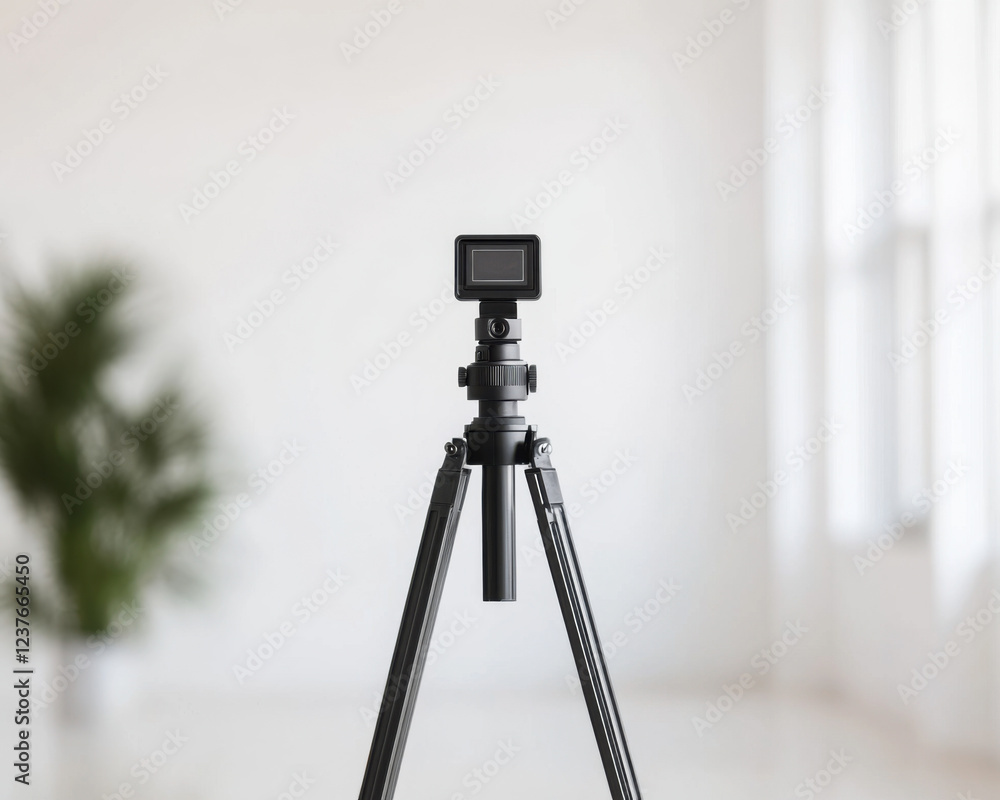 Poster compact laser level mounted on tripod, ideal for precise alignment and hanging art pieces. sleek des