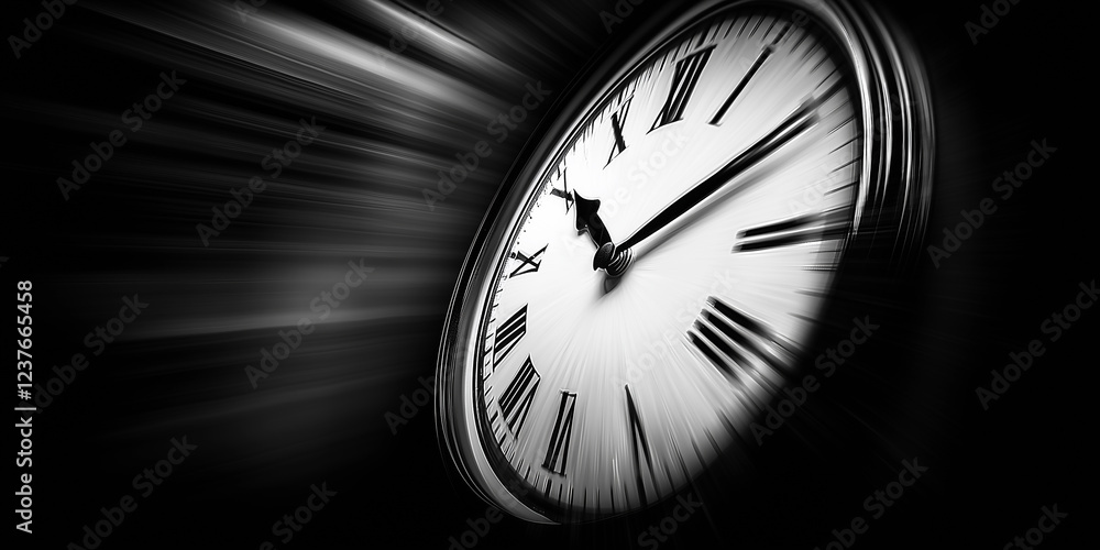 Poster abstract representation of time with a blurred clock face indicating the passage of time, black and 