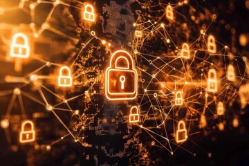 Cybersecurity concept with a digital padlock and data protection symbols on a virtual screen background, with an orange neon light effect