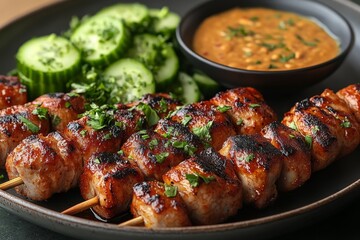 Fototapeta premium Grilled chicken satay with peanut sauce and cucumber salad