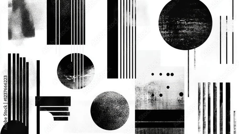 Poster modern abstract black-and-white graphic elements arranged in a grid. various line weights and textur