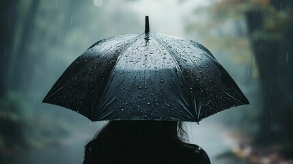 Silhouette of a woman with a black umbrella in the rain.