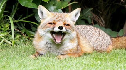 Naklejka premium Playful Red Fox in Garden Setting Smiling Open Mouth