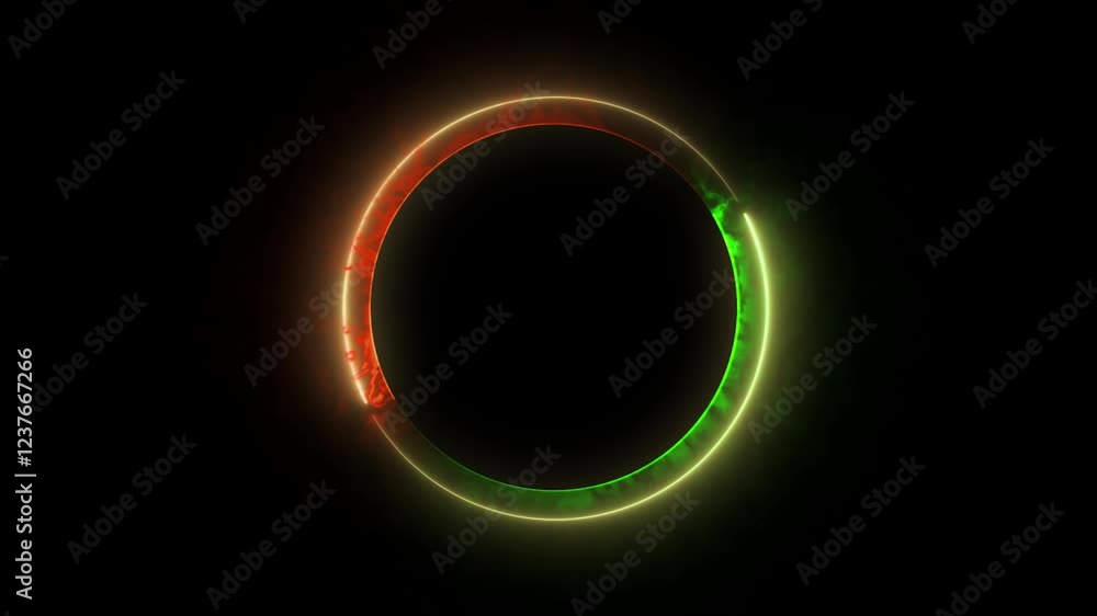 Poster glowing neon spiral animation with shiny laser border and illuminated round sphere in abstract glitt