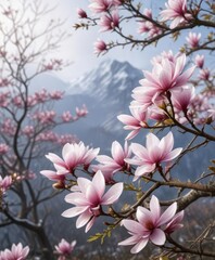 Obraz premium Magnolia flowers blooming in the cold weather landscape , petals, frosty