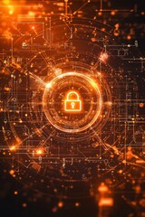 Obraz premium Cybersecurity concept with a digital padlock and data protection symbols on a virtual screen background, with an orange neon light effect