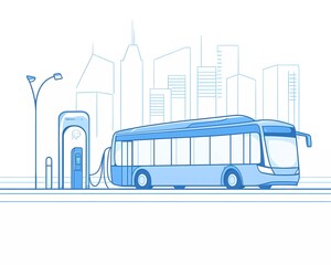 A simple, flat line drawing illustration of an electric bus charging station with a blue color and white background. In the background