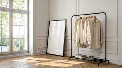 Chic Clothing Rack with Cream Shirts in a Bright Room