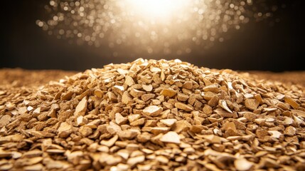 Obraz premium A pile of golden crushed mineral fragments with a sparkling effect, illuminated by warm light against a dark background.