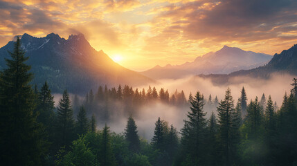 Obraz premium Breathtaking Mountain Landscape with Glowing Sunrise Sky and Misty Evergreen Forests mountain landscape