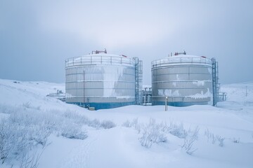 Two industrial tanks storing gas or oil covered with snow in winter landscape