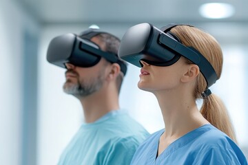 A man and a woman wearing VR headsets in blue scrubs, engaged in an immersive experience, likely in a medical or technological setting.