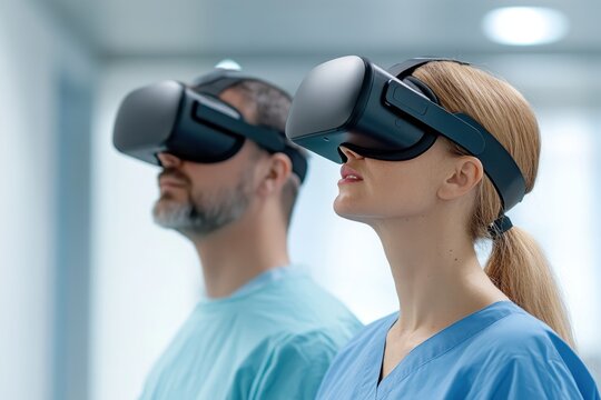 A man and a woman wearing VR headsets in blue scrubs, engaged in an immersive experience, likely in a medical or technological setting.