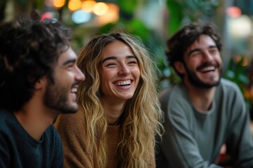 Three happy friends laughing together in a cafe