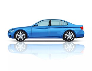 Blue car vector illustration on a white background with a reflection, side view of a modern luxury model isolated. 