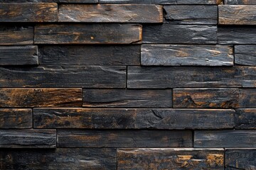 Dark brown wooden wall background with decorative wooden elements, in a rustic and natural style. Wooden panel texture for interior design or decoration in a home or office.