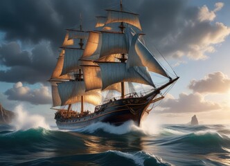 Fototapeta premium Majestic sailing vessel cuts through turbulent sea, sailing, boat, white sails