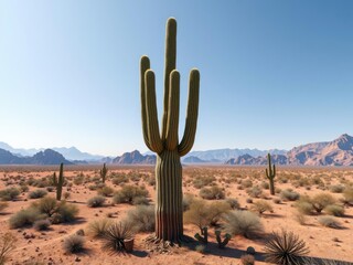 Majestic saguaro cactus standing tall in a vast desert landscape with open skies and rugged terrain, open sky, wide open spaces, rugged terrain