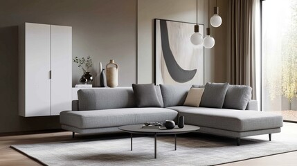 A Modern Living Room With A Gray Sectional Sofa, A Round Coffee Table, And A White Cabinet. The Room Has A Calm And Sophisticated Atmosphere, With Soft Lighting And Neutral Colors.