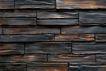 Dark brown wooden wall background with decorative wooden elements, in a rustic and natural style. Wooden panel texture for interior design or decoration in a home or office.