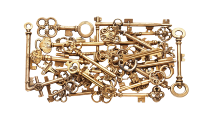 Collection of ornate gold skeleton keys forming a rectangle on transparent background