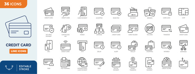 Credit card icon set. Containing payment, accepted, secure, money, contactless, ATM, wallet and more. Outline Icon Collection. Vector illustration. Editable stroke