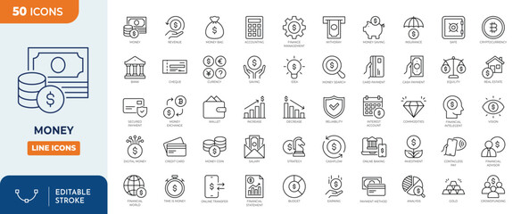 Money icon set. Containing cash, saving, wallet, transfer, withdraw and more icons. Outline Icon Collection. Vector illustration. Editable stroke