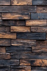 Dark brown wooden wall background with decorative wooden elements, in a rustic and natural style. Wooden panel texture for interior design or decoration in a home or office.