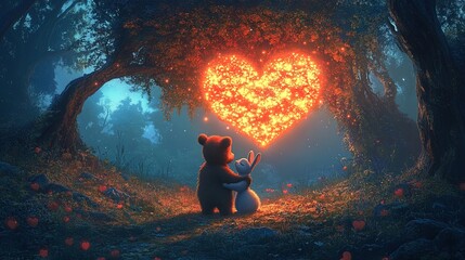 A bear and a rabbit hugging under a glowing heart-shaped tree in a forest of magic