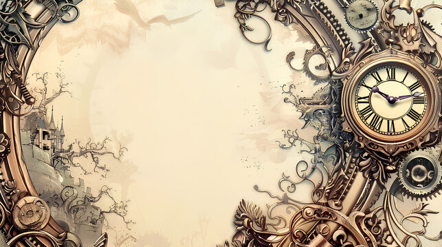 fantasy-themed page border with steampunk elements, featuring an ornate clock and intricate details on the edges of the paper for writing or drawing. 