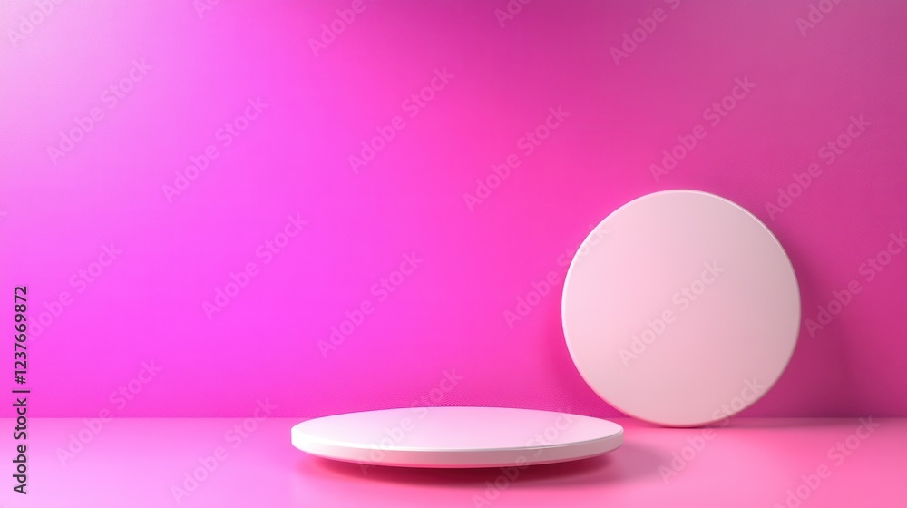 Poster minimalistic pink background with circular platforms for product display.
