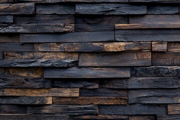 Dark brown wooden wall background with decorative wooden elements, in a rustic and natural style. Wooden panel texture for interior design or decoration in a home or office.