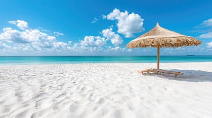 Tropical beach, sunny day, chaise lounge under parasol, turquoise sea