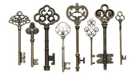 Set of nine antique keys with ornate handles on transparent background