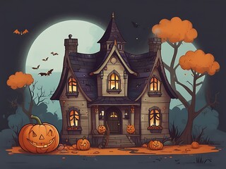 Spooky Halloween Haunted House Decoration, An intricately designed haunted house model adorned with pumpkins, perfect for Halloween decor.