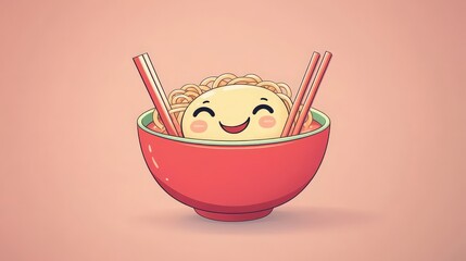 Happy Ramen Bowl: A cheerful cartoon ramen bowl with chopsticks smiling brightly, perfect for food blogs, social media posts, or any project needing a fun and playful touch.