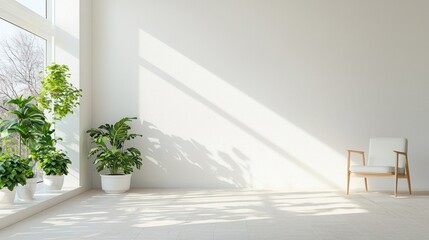 Fototapeta premium Bright Minimalist Room with White Walls and Green Plants
