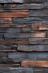Dark brown wooden wall background with decorative wooden elements, in a rustic and natural style. Wooden panel texture for interior design or decoration in a home or office.