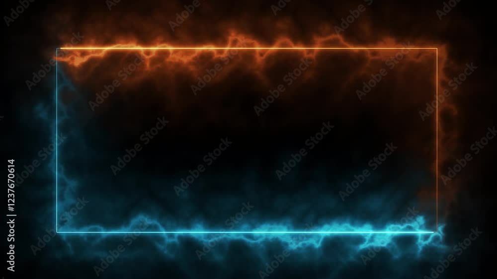 Poster glowing blue-orange neon rectangle border with dynamic motion, futuristic laser effect, and abstract