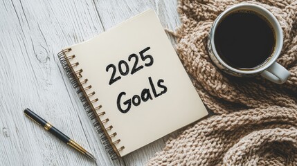 Notebook with "2025 Goals" written on it, pen and coffee beside, motivation concept