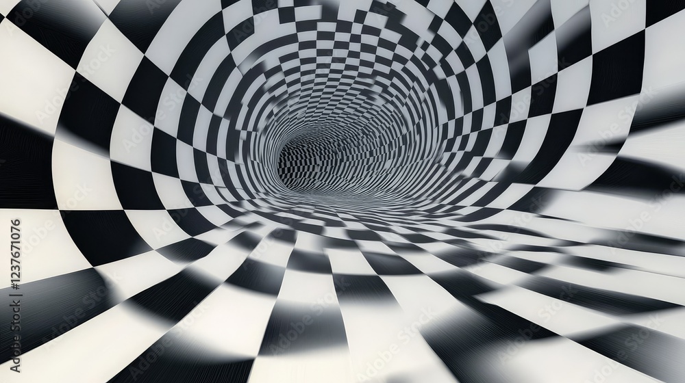 Poster optical illusion background with distorted black and white waves, creating a 3d effect.