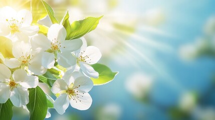 Obraz premium Beautiful white flowers basking in soft sunlight against a serene blue backdrop.