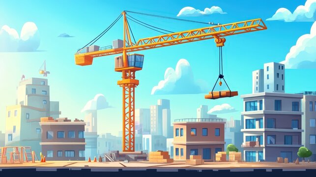 Construction Crane in Cityscape: A vibrant cartoon illustration depicting a yellow construction crane in a bustling city skyline. The crane is lifting a large metal beam.