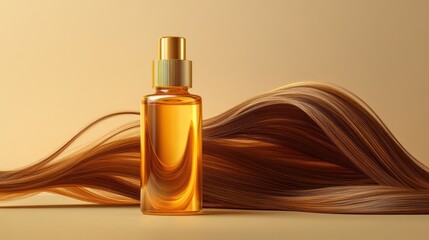 Fototapeta premium Golden hair oil bottle on flowing hair, beige background, cosmetic ad