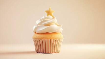 Golden Star Cupcake: A delectable vanilla cupcake topped with a fluffy swirl of white frosting and a golden star,  evokes joy and celebration in a minimalist setting.
